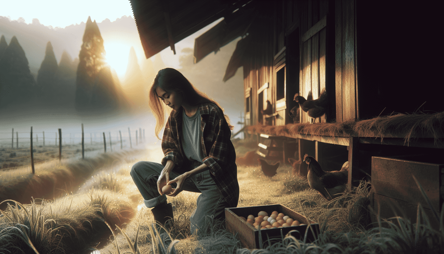 Farmer collecting eggs